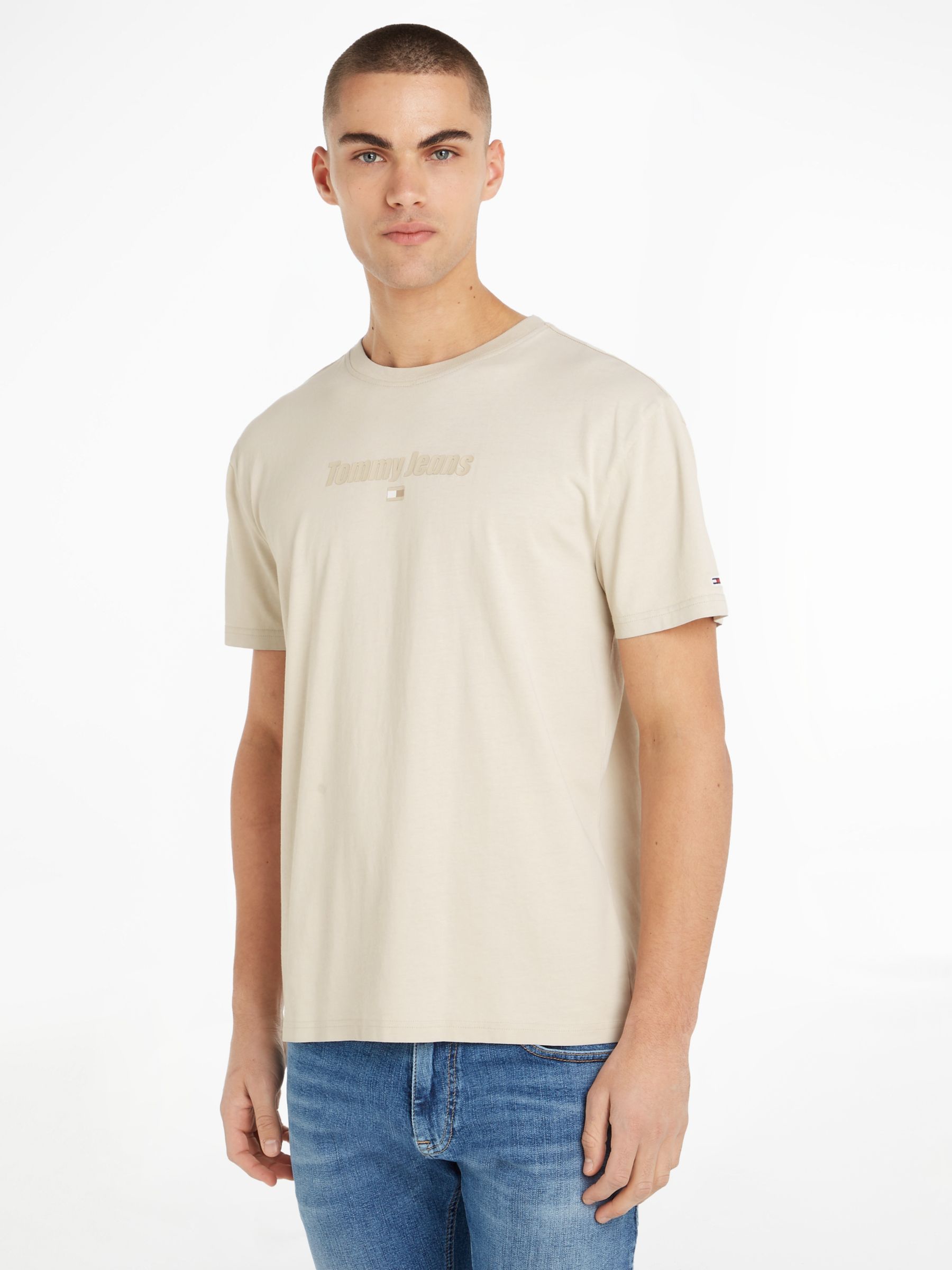 Tommy Jeans Tonal Linear Logo T-Shirt, Newsprint at John Lewis & Partners