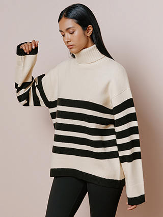 Albaray Relaxed Stripe Roll Neck Jumper, Cream/Black