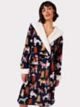 Chelsea Peers Fleece Dogs Print Hooded Dressing Gown, Navy/Multi