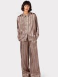 Chelsea Peers Satin Jacquard Stripe Long Pyjama Set, Brown, Brown
