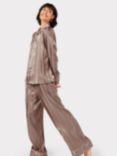 Chelsea Peers Satin Jacquard Stripe Long Pyjama Set, Brown, Brown