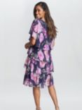Gina Bacconi Metallic Plisse Floral Tiered Dress, Navy/Multi