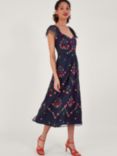 Monsoon Bonnie Floral Embroidered Midi Tea Dress, Navy/Multi
