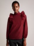 Ted Baker Aubreei Knit Rib Collar Balloon Sleeves Top, Dark Red