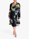 chesca Plissé Pleated Shirt Dress With Tie Belt, Navy/Yellow, Navy/Yellow