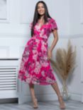 Jolie Moi Stacy Cross Front Floral Mesh Midi Dress, Cerise/Multi, Cerise/Multi