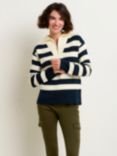 Brakeburn Zip Neck Striped Collared Jumper, Navy/Cream