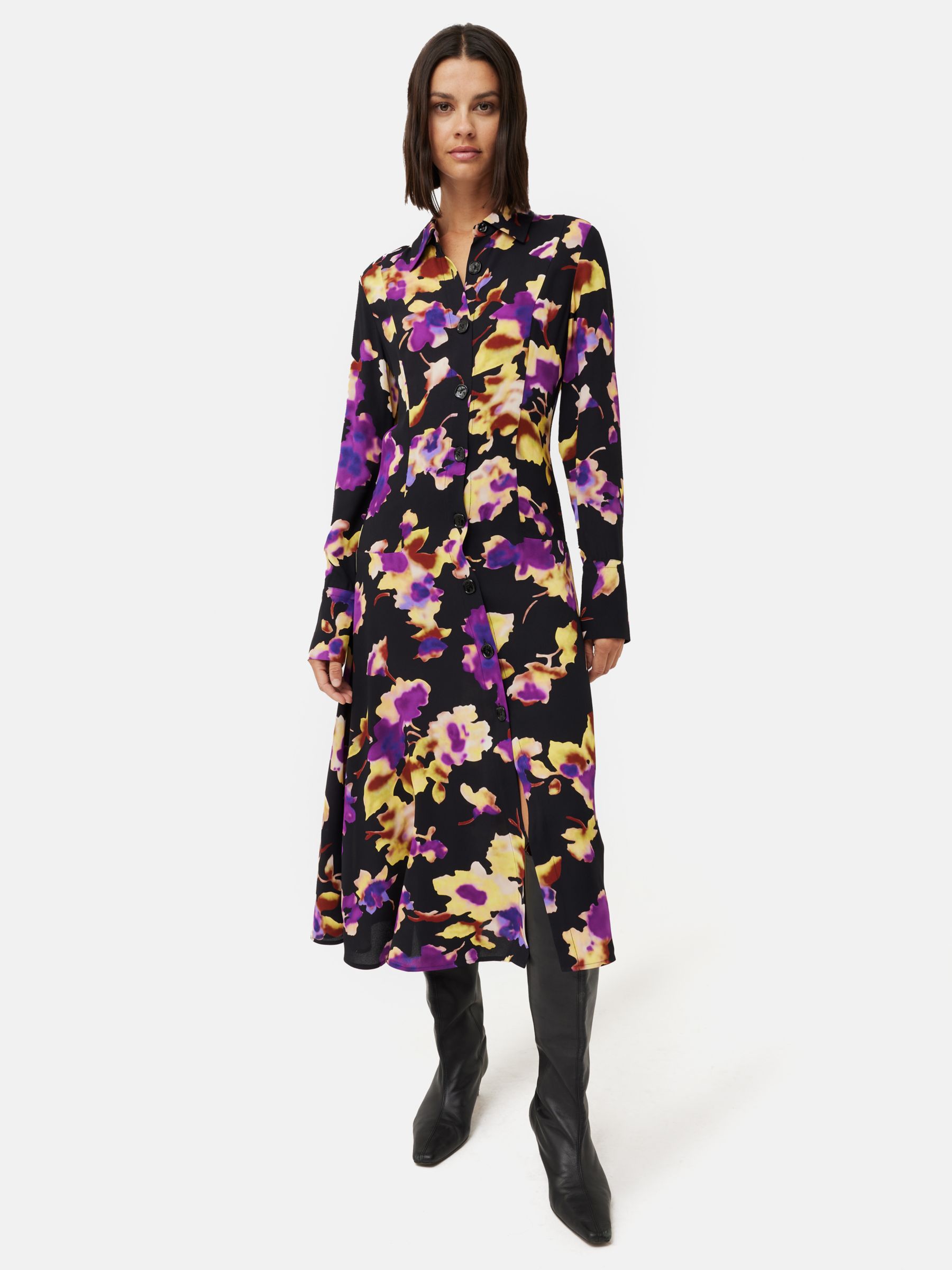 Jigsaw Haze Floral Print Midi Shirt Dress, Purple/Multi, 16