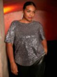 Live Unlimited Curve Sequin Short Sleeve Top, Grey, Grey