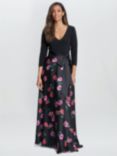 Gina Bacconi Athena Floral Satin Skirt Maxi Dress, Black/Pink