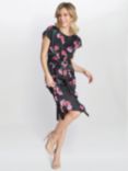 Gina Bacconi Saffron Floral Waterfall Midi Dress, Black/Pink, Black/Pink