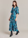 Ghost Dana Blouson Sleeve Midi Dress, Blue Inky Flowers