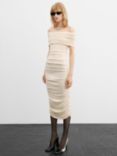 Mango Bardot Shirred Midi Dress, Light Beige