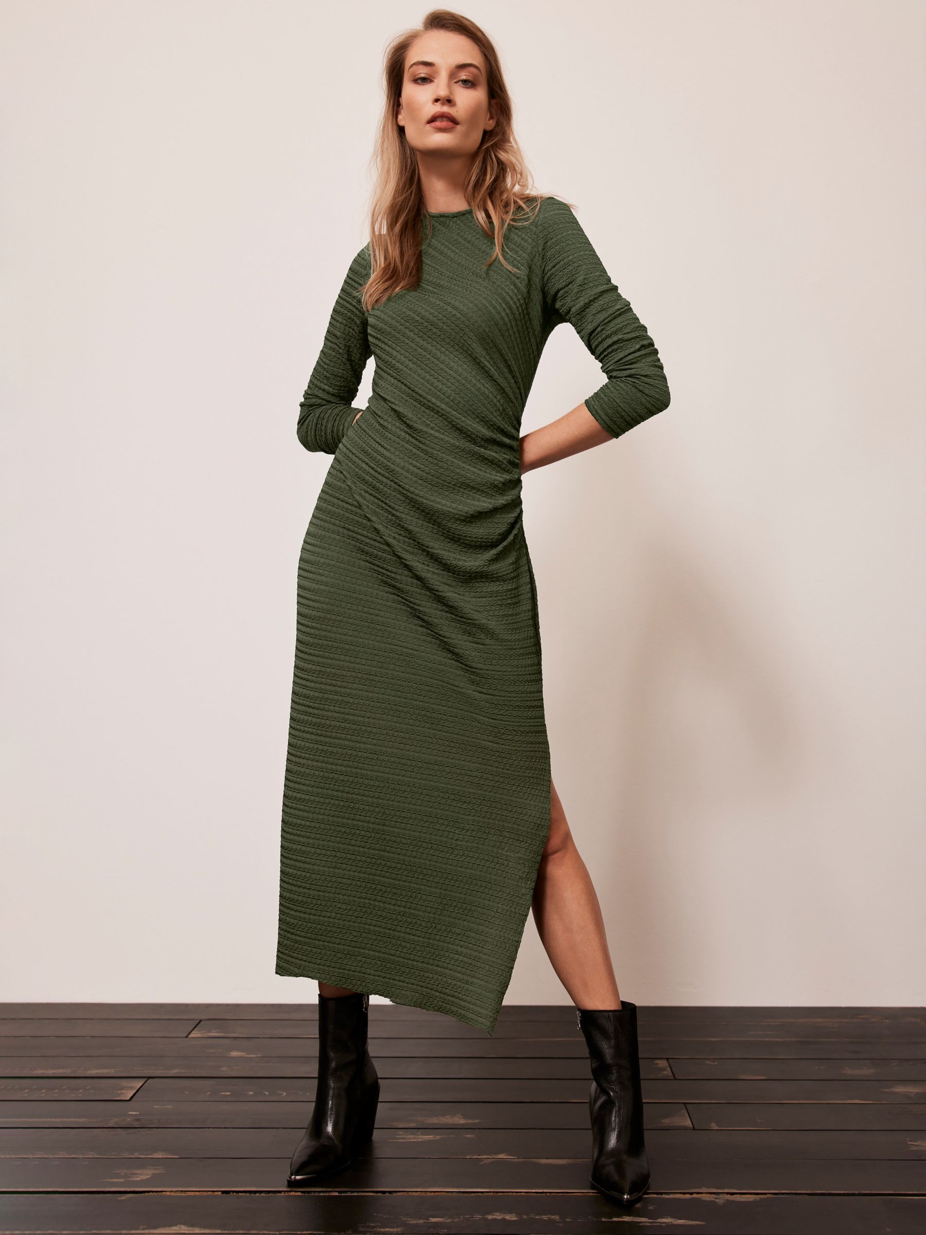Mint Velvet Textured Midi Dress, Green Khaki, XS