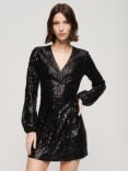 Superdry Sequin Wrap Mini Dress, Black Angle Sequins
