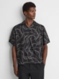 Reiss Quest Cuban Collar Chain Print Shirt, Black/Grey, Black/Grey