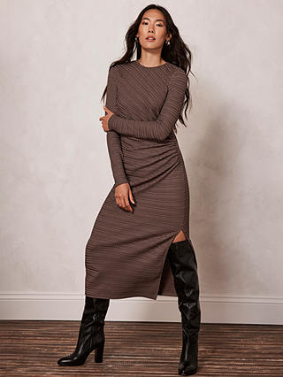 Mint Velvet Textured Midi Dress, Dark Brown