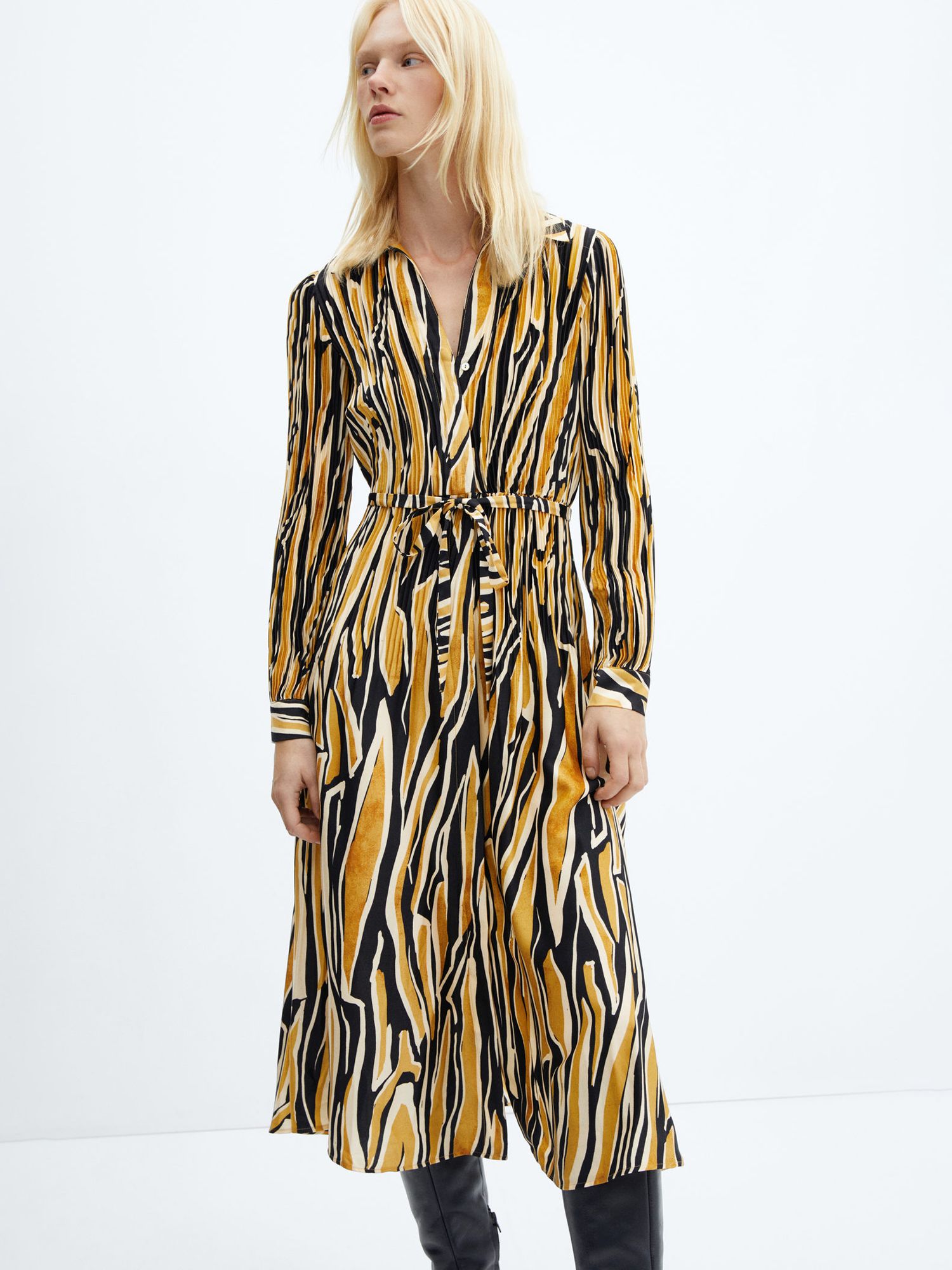 Mango Thea Abstract Print Midi Shirt Dress, Brown/Multi, 16