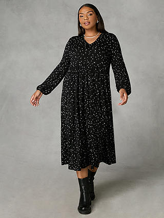 Live Unlimited Curve Mono Star Print Jersey Long Sleeve Midi Dress, Black