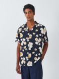 Kin Floral LENZING™ ECOVERO™ VISCOSE Revere Collar Short Sleeve Shirt, Navy/Spruce Yellow