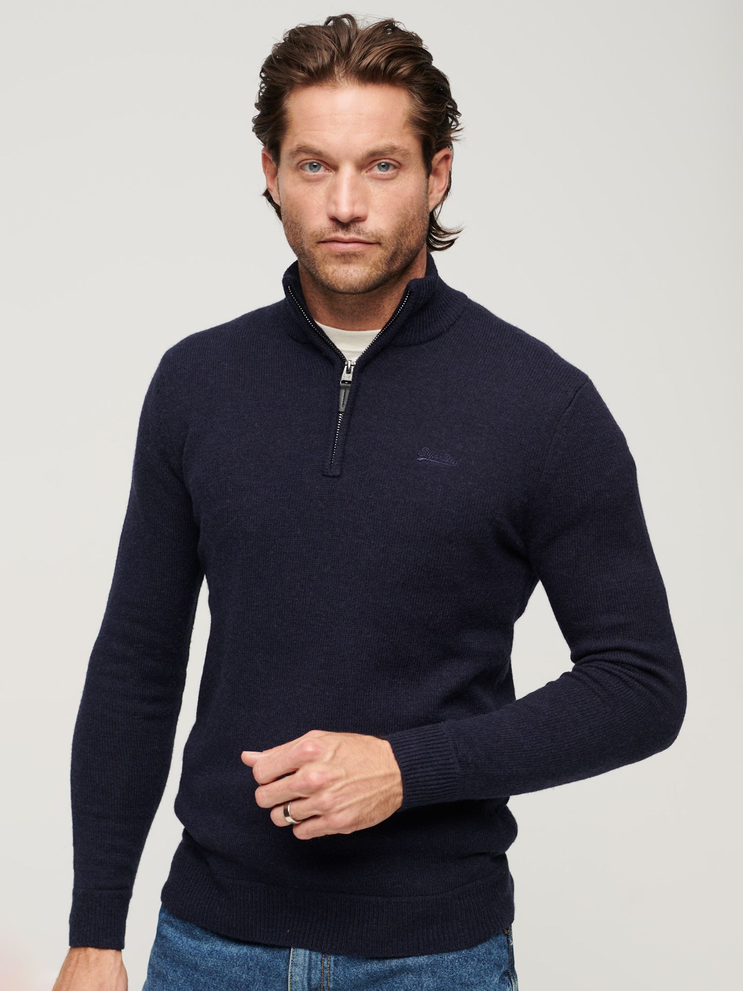 Superdry Essential Embroidered Knit Henley Jumper, Carbon Navy