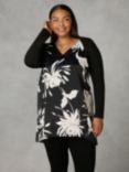 Live Unlimited Curve Floral Print Satin Front High Low Tunic Top, Black/Stone