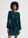 Hobbs Bette Sequin Belted Mini Dress, Evergreen