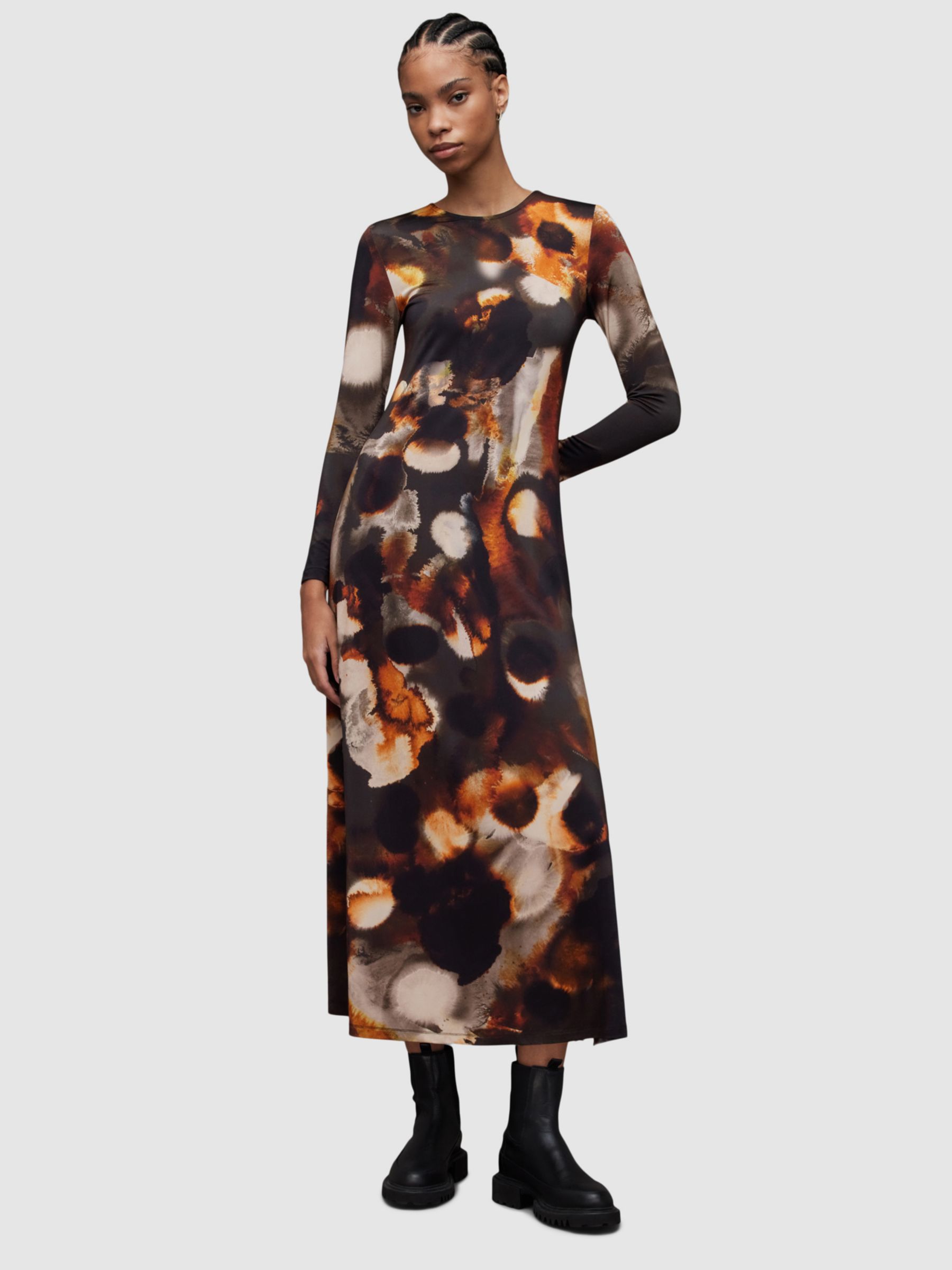 AllSaints Katlyn Mars Abstract Print Midi Dress, Rust Brown