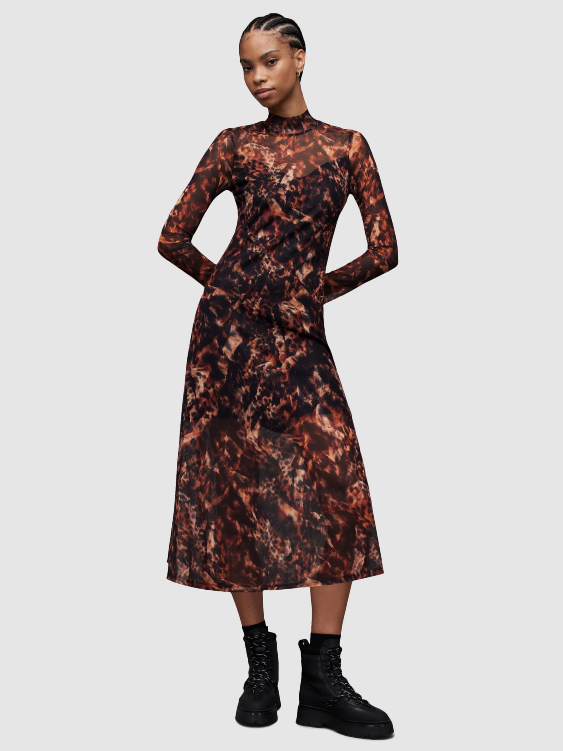 AllSaints Hanna Sparkle Midi Dress, Brown/Multi, 12