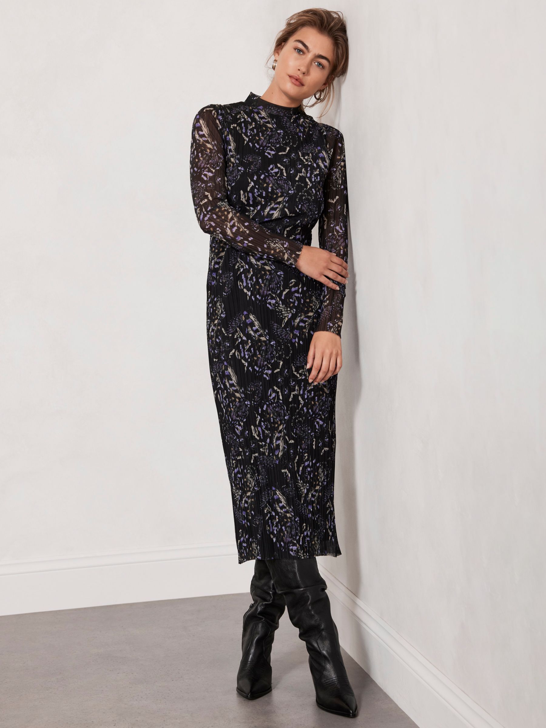 Mint Velvet Crinkle Floral Midi Dress, Black/Multi, S