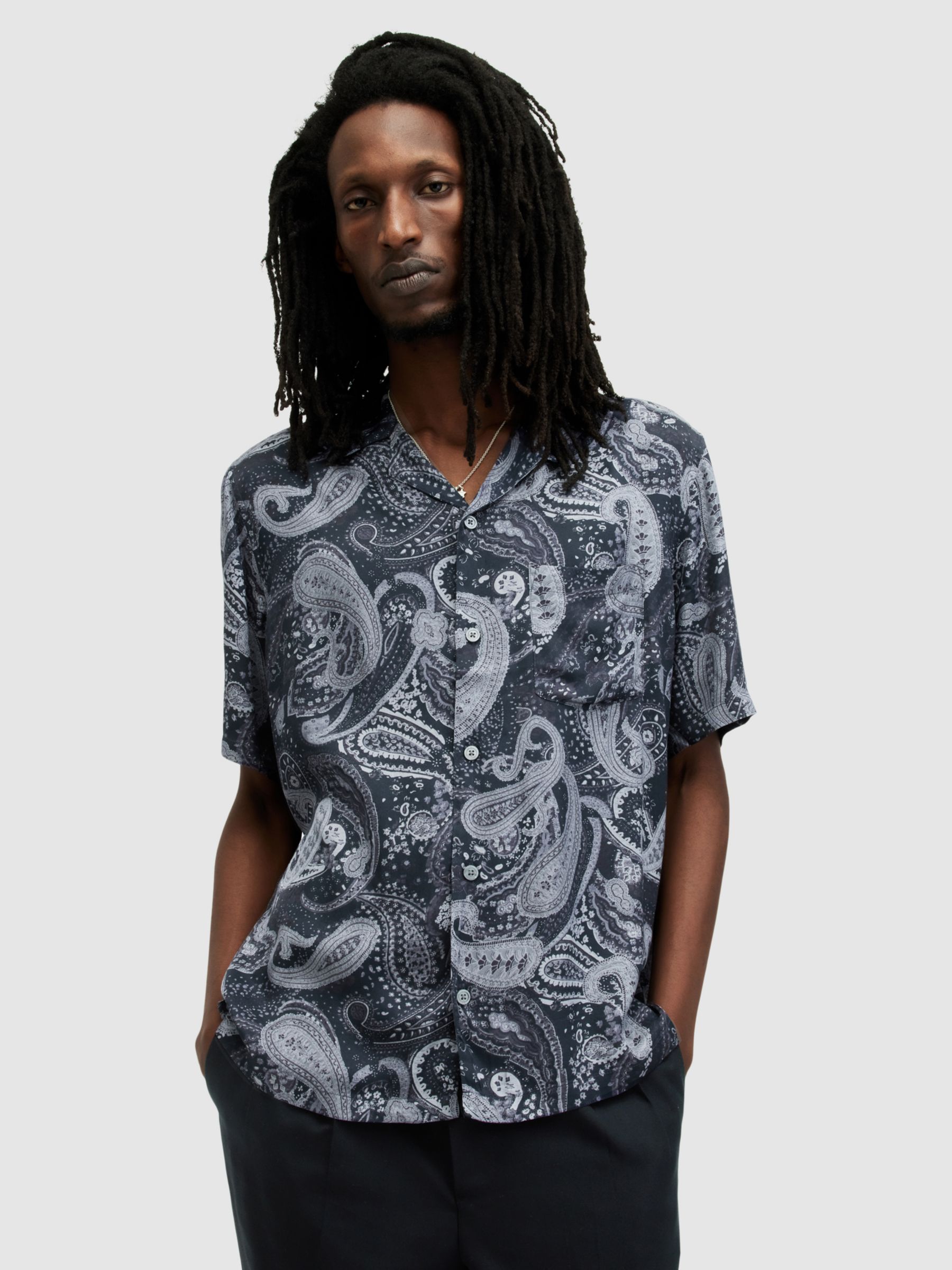 AllSaints Zowie Paisley Print Short Sleeve Shirt, Depth Blue, XXL