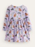 Mini Boden Kids' Fun Cats Long Sleeve Jersey Dress, Light Purple