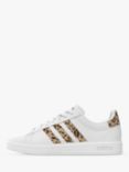 adidas Grand Court Leopard Lace Up Trainers, White/Beige/Gold