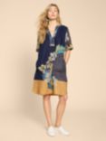 White Stuff June Abstract Print Linen Shift Dress, Navy/Multi