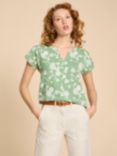 White Stuff Nelly Floral Print Notch Neck T-Shirt, Green