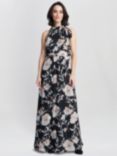 Gina Bacconi Lexi Floral Print Tie Neck Maxi Dress, Black/Multi