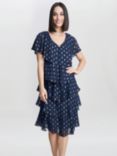 Gina Bacconi Sybil Foil Print Tiered Dress, Navy/Gold