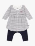 Petit Bateau Baby Breton Cotton Stripe Dress & Leggings Set, Marshmallow/Smoke