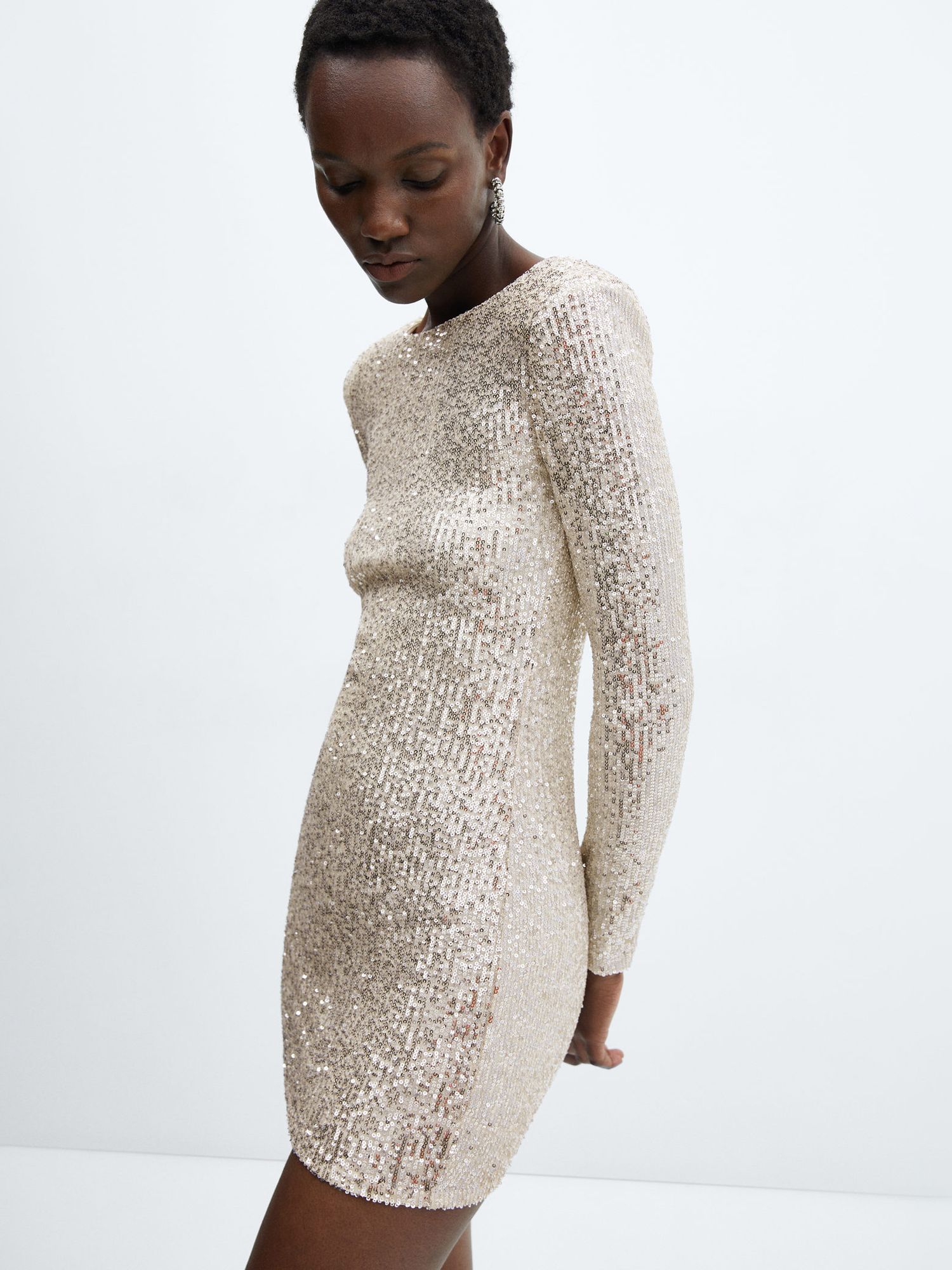 Mango Xlenjuel Sequin Mini Dress, Light Beige, 10