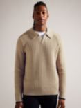 Ted Baker Ademy Long Sleeve Open Neck Rib Polo Shirt, Natural Taupe