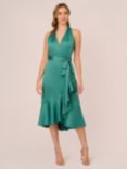 Adrianna Papell Halter Neck Faux Wrap Midi Satin Dress, Jungle Green, Jungle Green