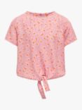 KIDS ONLY Kids' Heart Print Knot Short Sleeve Top, Begonia Pink