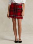 Ralph Lauren Polo Ralph Lauren Leather Trim Wool Blend Plaid Wrap Mini Skirt, Red/Multi