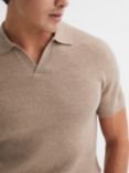 Reiss Mortimer Wool Open Neck Ribbed Polo, Camel