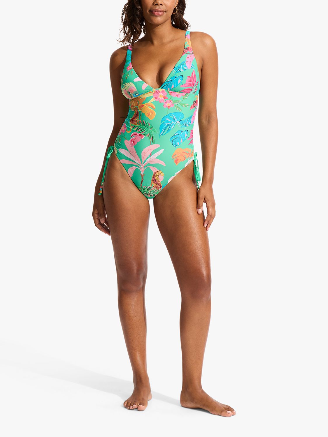 Tween Girl Twist Detail One Piece Swimsuit With Tropical Print Beach Skirt