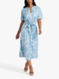 South Beach Floral Print Tie Waist Midi Shirt Dress, Blue/White