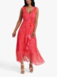 South Beach Chiffon V-Neck Frill Wrap Midi Dress, Red/Pink