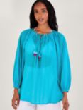 Monsoon Amy Sheer Tie Neck Top, Turquoise