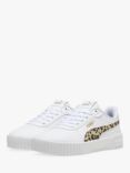 PUMA Kids' Carina 2.0 Jr Leopard Print Detail Leather Trainers, White/Multi