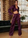 Chi Chi London Plain Satin Wide Leg Trousers, Purple